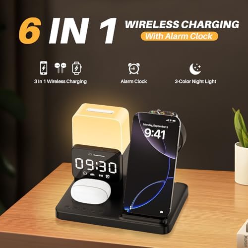 Ultimate 6-in-1 Wireless Charging Dock: Qi Certified Fast Charger for i Phone, Samsung, Air Pods, and Apple Watch with Digital Alarm Clock and Adjustable Night Light – 15 W Power Station with 20 W Adapter Included – Ideal for Streamlined Charging Solutions and Cable Management