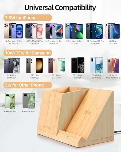 3-in-1 Bamboo Wireless Charger with Desk Organizer, Bamboo Pen Holder for Desk, 15W Fast Wireless Charger with Pen Holder for Home Office Supplies, Compatible with iPhone and Samsung – Enhanced Compatibility and Speed