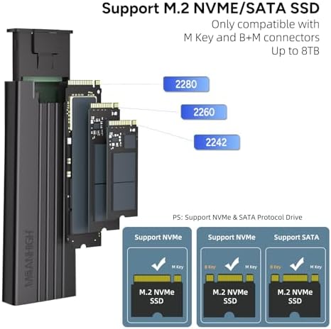 High-Speed M.2 NVMe SSD Enclosure – Tool-Free USB 3.2 Gen 2 Adapter for 2242/2260/2280 Drives, Supports M & B&M Keys, Up to 8 TB Storage Capacity – Effortless External Solid State Drive Solution with Enhanced Data Transfer Speeds and Durability