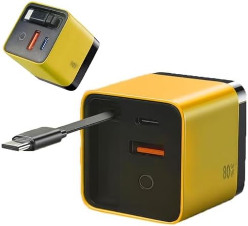High-Power 80 W 3-in-1 Ga N Charger with Retractable Plug – Fast Charge Solution Featuring Type-C Cable & Dual USB Ports for i Phone and More, Stylish Travel-Ready Yellow Design for Ultimate Device Compatibility and Efficiency