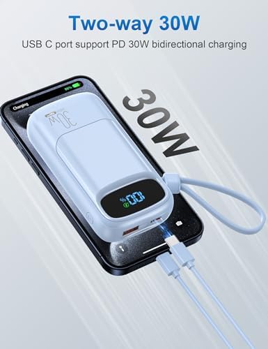 Compact 10,000 m Ah Fast Charging Power Bank with Built-In USB-C Cable for i Phone 16/15, Mac Book, Galaxy, and i Pad – Ultimate Travel Battery Pack for On-the-Go Charging Needs