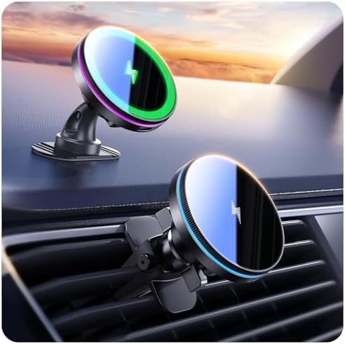 Experience Ultimate Driving Convenience with the Beser Mag Safe Car Mount Charger – 15 W Qi Wireless Charging for i Phone 15/14/13/12 Series, Powerful 4.13 lbf Magnetic Hold, Multi-Purpose Dashboard/Vent Phone Holder, Customizable 7-Color LED Lights, Premium Aluminum Design in Sleek Silver Finish