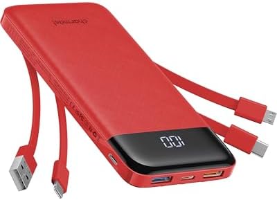 Ultra-Slim 10,000 m Ah Portable Power Bank with Built-In Charging Cables – 6 Outputs, 3 Inputs, Fast 3 A Charging for Universal Device Compatibility – Essential Travel Battery Pack for i Phone, Samsung, Google Pixel, LG, and More