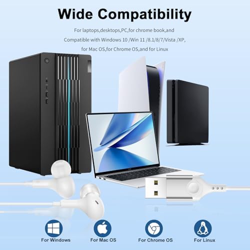 Lightweight USB Noise-Canceling Headset with Microphone for PCs and Laptops – 7.5 Ft Wired Earbuds Featuring In-Line Volume Control for Seamless Zoom Meetings and Online Learning, Optimized for Dell & HP – Superior Comfort and Crystal-Clear Audio for Extended Use