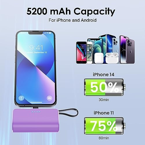 Dual Pack Mini Power Bank with Built-in USB C Cable – 5200 m Ah Fast Charging Battery for i Phone 15/14/13/12/11/XR/8/7/6 & Android Devices – Ultra-Portable Travel Charger for On-the-Go Power Needs