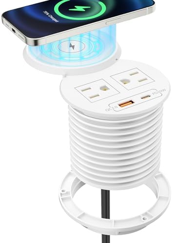 Recessed 20 W USB-C Power Grommet with 15 W Wireless Charger – Sleek Desk Power Strip Featuring 2 AC Outlets, 18 W USB-A Port, and 6 FT Cord for Ultimate Convenience in Home and Office Environments – Ideal for Efficient Charging and Enhanced Productivity