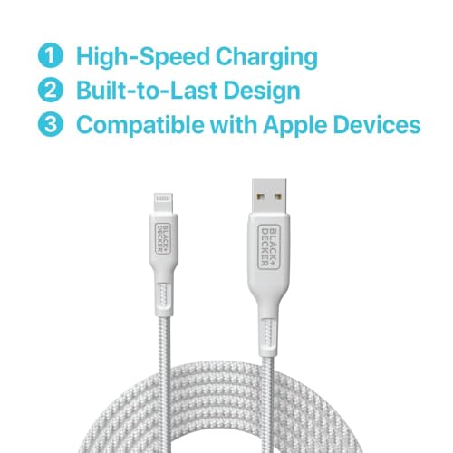 BLACK+DECKER Lightning to USB Charging Cable – Ultra-Fast Charge & Data Sync for All Apple Devices – Durable Braided Construction, Lightweight & Travel-Ready – Versatile Lengths & Color Options, Including Convenient 3 ft Length
