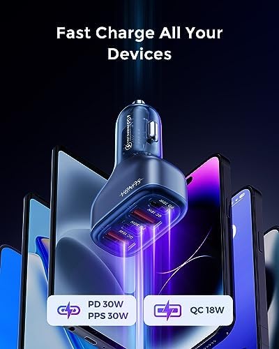 Experience Rapid Roadside Charging with SUNDA 120 W USB C Fast Car Charger – 4-Port Adapter Featuring Dual Type C PD60 W/PPS60 W for i Phone 16/15 Pro/Max/14 & Samsung Galaxy S24, Plus Dual USB-A 30 W QC3.0 for All Android Devices – Compact, Durable, and Universally Compatible for Effortless Multi-Device Charging on the Go