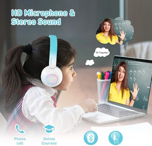 Vibrant LED Bluetooth Headphones for Kids – Lightweight, Hearing-Safe Design with Adjustable Volume Limits, Built-in Microphone, and Ultimate Comfort for School, Travel, and Home – Compatible with Tablets and Smartphones