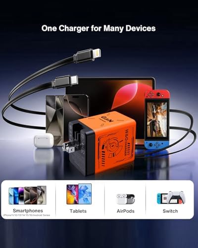 Revolutionize Your Charging Experience with the W&O 45 W Ga N Dual Device Fast Charging Wall Charger – Ultra-Compact with Retractable Lightning & Type-C Cables for i Phone 16/15/14/13/12/11, Galaxy S25/24, and All Android Devices – Perfect Travel Companion for Enhanced Speed, Versatility, and Portability