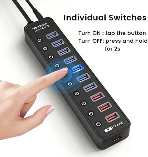 Ultimate 11-Port USB 3.0 Hub Splitter with Smart Charging – High-Speed Data Transfer, Individual LED Switches & 12 V Power Adapter for Enhanced Connectivity and Efficiency