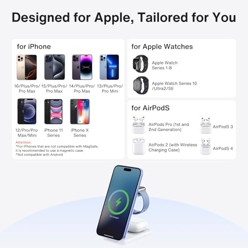 Foldable 3-in-1 Wireless Charging Station for Apple Devices – Fast Charge i Phone, Apple Watch & Air Pods with Enhanced Compatibility – Travel-Friendly Design with Adjustable Stand – Safe and Compact Charging Solution with 33 W PD Charger Included