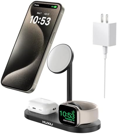 Sleek Aluminum Alloy 3-in-1 Magnetic Wireless Charging Station for Apple Devices – Fast 5 W Charger for i Phone 16/15/14/13/12, Apple Watch 9/8/7/SE & Air Pods – Ideal Travel Accessory for Clutter-Free Charging Solutions
