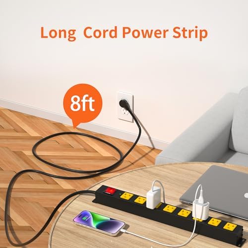 10 FT Heavy Duty 8 Outlet Surge Protector Power Strip with Wall Mount Capability – 2100 Joules of Protection for Home, Office, Garage and Workshop – Versatile, Space-Saving Design with Wide Spaced Outlets for Large Plugs and Electronics
