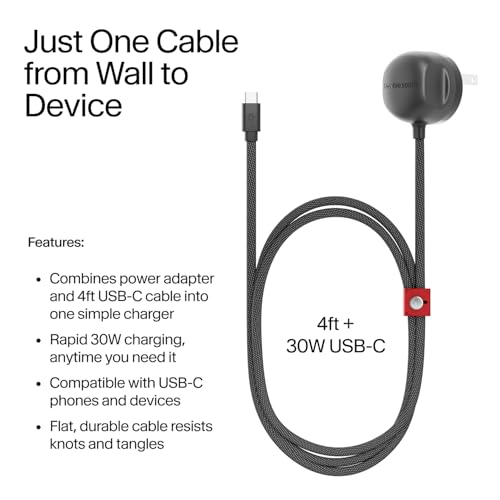 Twelve South Power Cord 30 W USB-C Fast Charger with 4 ft Tangle-Free Cable and Compact Wall Adapter – Universal Compatibility for i Phone, i Pad, Samsung, Mac Book Air & More – Sleek Slate Design for Home & Travel Efficiency