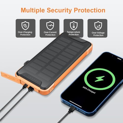 Lekzai 20,000 m Ah Solar Power Bank – Advanced Wireless Fast Charger with USB-C PD 20 W, Outdoor-Ready External Battery Pack Featuring LED Flashlight for Camping & Adventures in Vibrant Orange – Ultimate Compatibility & Speed for All Devices