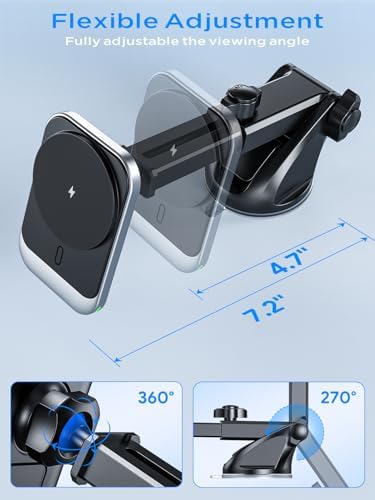 Hinyx 15 W Magnetic Wireless Car Charger for Mag Safe – Fast Charging Phone Mount Compatible with i Phone 15/14/13/12/11 Pro Max, Samsung, Google, LG – Secure Vent & Dash Holder for Effortless Navigation and Music Control