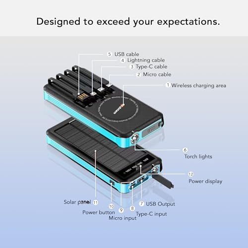 Ultimate Portable Solar Power Bank with Integrated Charging Cables – 10,000 m Ah Waterproof Battery Pack for Phones Featuring USB, Micro USB, Lightning, Type-C, and Wireless Charging – Perfect for Outdoor Adventures and Daily Use (Black Blue)