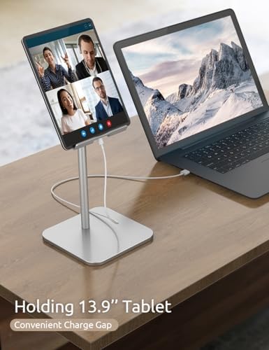 Adjustable Ergonomic Tablet Stand for i Pads and E-Readers – Custom Height & Angle for Optimal Eye-Level Comfort in Your Home Office – Sturdy Dock Compatible with 4-13” Devices, Sleek Silver Finish for Modern Workspaces