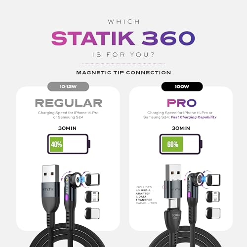 Enhance Your Charging Efficiency with the Statik 360 Magnetic 3-in-1 Cable – Versatile 6 FT Length, Rapid 3 A Power Delivery, Glo Bright Indicator for Effortless Low-Light Connectivity and Universal Device Compatibility