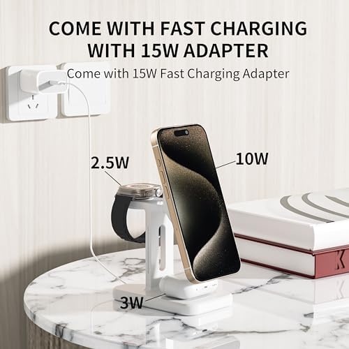 Ultimate 3-in-1 Fast Wireless Charging Station for Magsafe Apple Devices – Sleek Aluminum Charger with Adapter for i Phone 16/15/Pro/Pro Max/14/13/12, Apple Watch & Air Pods – Premium Magnetic Stand for Enhanced Speed and Style