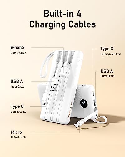 VEEKTOMX 10,000 m Ah Portable Power Bank with Integrated Charging Cables – Slim, Lightweight Fast Charger for i Phone, Samsung, and Android Devices – Essential Travel Companion with Intelligent Charging Technology for On-the-Go Convenience