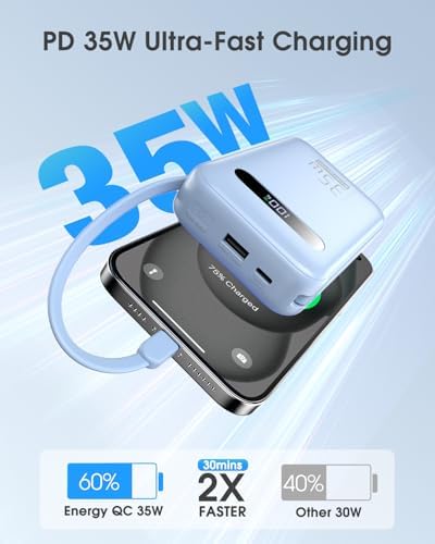 Ultimate 20,000 m Ah Energy QC Power Bank: 35 W PD 3.0 & QC 4.0 Ultra-Fast Charging Portable Charger with Dual Built-In Lightning & USB-C Cables for i Phone 16/15/14, Galaxy S24, i Pad, Air Pods – All-Day Power & 4-Device Charging with Smart LED Display for Travel & Emergencies