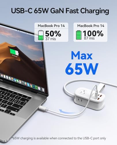 ORICO 65 W Ga N Travel Power Strip: 7-in-1 Charging Solution with 3 AC Outlets, 2 USB-A, 2 USB-C Ports, Flat Plug Design & 4 FT Extension Cord – Ultimate Fast Charger for Mac Book Pro/Air, i Pad Pro, i Phone 15/14/13 – Lightweight & Portable for Effortless Travel