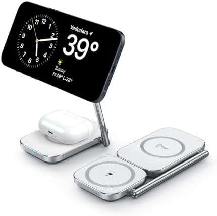 Elevate Your Charging Game with the Premium 2-in-1 Mag Safe Charger Stand – Swift 20 W Wireless Power Solution for i Phone 15/14/13/12 & Air Pods 3/Pro/2 – Robust Zinc Alloy Design with Foldable Portability for Effortless Device Alignment – Perfect for Organized, Tangle-Free Charging Spaces