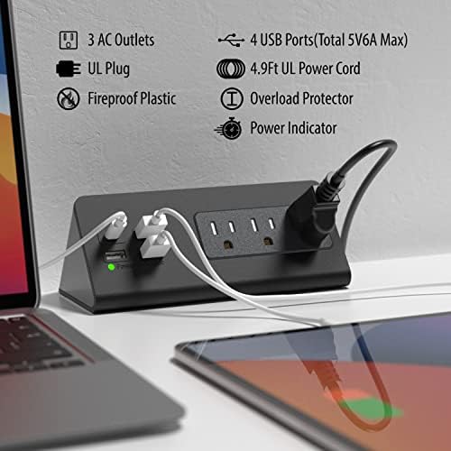 Edge Mount Power Strip with USB-C & AC Outlets – 3 AC Sockets and 4 Fast-Charging USB Ports for Home, Office, and Dorm – Desk Clamp Surge Protector, Compact Design for Enhanced Convenience and Safety – Black (2-Pack)
