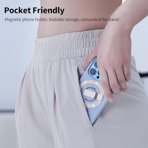 Glitter Silver Magnetic Phone Ring Stand – Ultra-Thin, 360-Degree Rotating Grip for i Phone 16/15/14/13/12 – Stylish Finger Loop Holder Enhancing Usability and Drop Protection