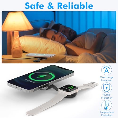 Ultra-Portable 2-in-1 Wireless Charger for Apple Devices – 15 W Qi 2 Certified Magnetic Charging Puck with Built-In Stand for i Phone, Air Pods & Apple Watch – Travel-Friendly Design with Durable USB-C Cable – Streamlined Charging Solution for On-the-Go Connectivity