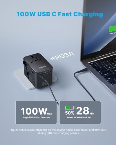 VINTAR Universal Travel Adapter 75 W Ga N Technology: Ultimate All-in-One Power Converter with 3 USB-C PD and 2 USB-A Quick Charge Ports for Global Use – Compact Power Solution for Laptops & Smartphones in 200+ Countries – Reliable Performance with Safety Features for Hassle-Free Charging