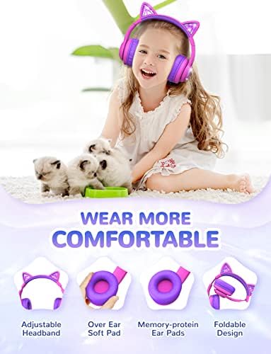 Magical Cat Ear Bluetooth Headphones for Kids – Mesmerizing Gradient Pink with LED Glow, 50-Hour Battery Life, Safe 74/85 d BA Volume Limiting, Superior Bluetooth 5.2 Connectivity & Rapid USB-C Charging for Ultimate Travel Convenience and Enjoyment