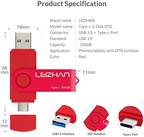 Leizhan 128 GB Type C USB Flash Drive – High-Speed USB 3.0 OTG Thumb Drive for Samsung Galaxy S10, S9, Note 9 & Google Pixel XL – Versatile Dual Connector for Effortless Data Transfer and Enhanced Storage Solutions