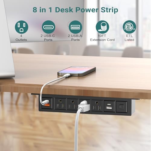 Maximize Productivity with QBA 8-in-1 Under Desk Power Strip – 20 W USB-C Fast Charging, 4 AC Outlets, 2 USB-A Ports, 6 FT Cable, Desk Mountable Power Hub for Home Office & Conference Room – ETL Listed for Safety and Reliability