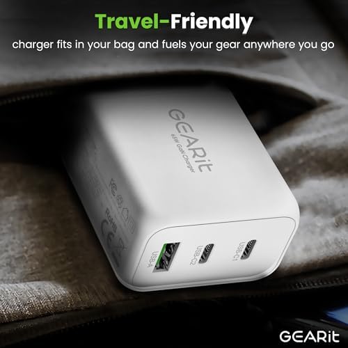 Power Up Your Devices Efficiently with the GEARit 65 W Ga N USB-C Triple-Port Fast Charger – PD 3.0 Wall Adapter for Seamless Charging of Apple, Samsung, Google, and Dell Devices – Compact, Lightweight Design with Superior Safety Features for Fast Multi-Device Power Delivery
