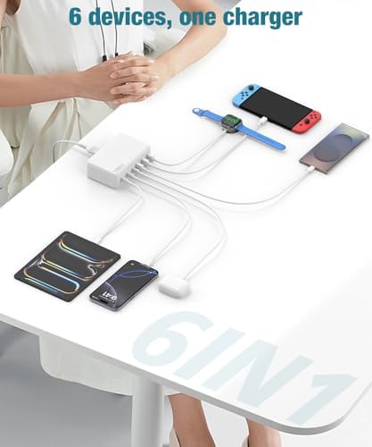 100 W Ga N Fast USB C Charging Station Hub – 6-Port Wall Charger for i Phone 16-11 Pro Max, i Pad, Pixel, and Samsung Galaxy S25-S24 – Includes 5 FT Cord for Enhanced Compatibility and Rapid Charging – Ideal Multi-Device Power Adapter for Home and Travel