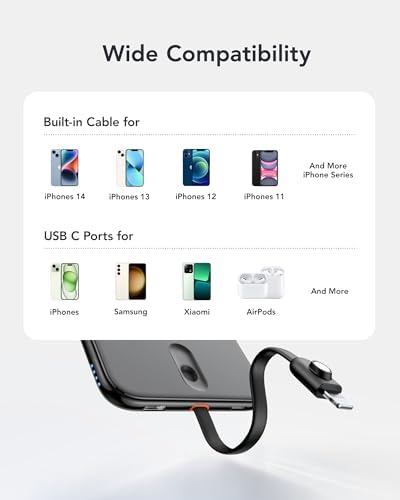 VEEKTOMX Ultra-Slim 5000 m Ah Portable Power Bank with Built-in Charging Cable for i Phone – Lightweight Battery Pack for i Phone 14/13/12/XS/Pro/Air Pods – Quick Charge Convenience in a Stylish Design – Perfect for On-the-Go Power Solutions