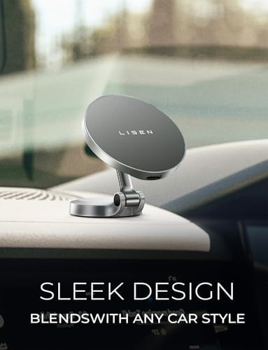 LISEN Mag Safe Car Mount Charger – 15 W Fast Charging Magnetic Wireless Holder for i Phone 16 Pro Max, 15, 14, 13 – Ultra-Durable Zinc Alloy Design for Secure Dashboard Fit and Enhanced Stability on the Road – Essential Fast Charging Accessory for i Phone Users