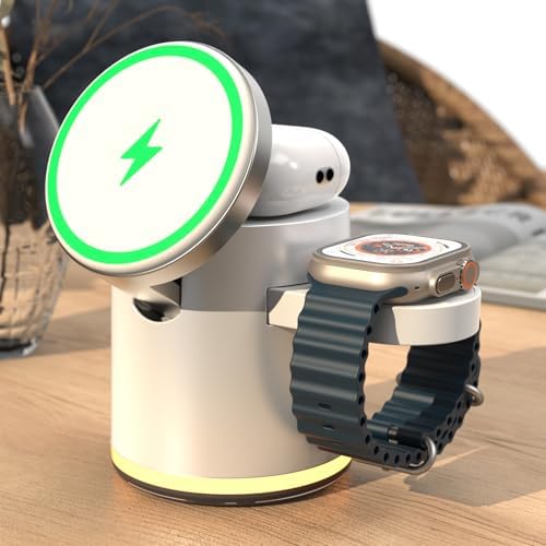 HATALKIN 4-in-1 Wireless Charging Station with Integrated Night Light – Fast Charging Dock for i Phone 12-16 Pro/Max, Apple Watch Series 6-Ultra, Air Pods – Sleek Design for Effortless Device Organization and Ambiance Enhancement