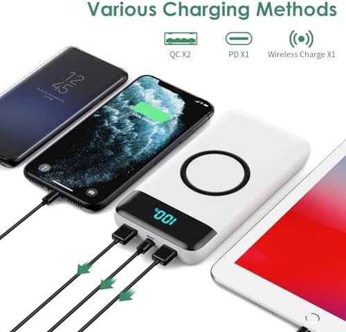 Ultra-High Capacity 30,800 m Ah Wireless Power Bank – 15 W Fast Charging & 25 W PD QC4.0 – Smart LED Display with 4 Outputs & 2 Inputs – Versatile USB-C External Battery Pack for i Phone, Samsung & More – Travel-Ready Charging Solution in Sleek White Finish