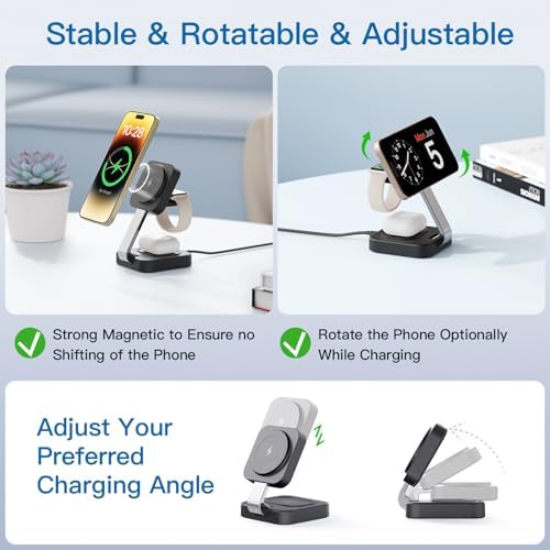 2025 Portable Wireless Mag Safe Fast Charging Hub – 3-in-1 Magnetic Charger for i Phone 16, 15, 14, 13, 12 Pro Max Plus, Apple Watch, and Air Pods – Compact Travel Essential with LED Indicator – Ultimate Gift for Tech-Savvy Couples (Black) – Superior Compatibility and Rapid Charging Performance