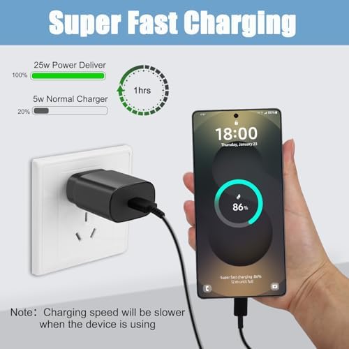 10 Ft USB C Charging Cable with 25 W Fast Charge Block – Optimal Compatibility for Samsung Galaxy S25/S24/S23 Series and Note 20/10 – Durable, Long-Lasting Performance for Home, Office, or Travel Use – Effortless Power for Your Android Devices