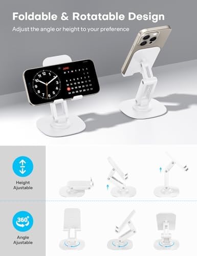 OMOTON Cell Phone Stand for Desk, 2 Pack Adjustable Foldable Phone Holder, 360 Swivel Mobile Stand Fit for iPhone 15 14 13 12 11 Pro Max and All Smart Phones, White & White – Enhanced Compatibility and Speed