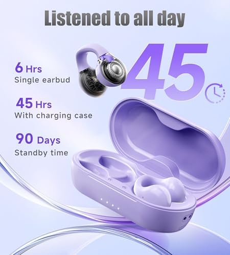 King Lucky i21 Purple Bluetooth 5.3 Open Ear Clip-On Earbuds – Advanced Noise Cancellation & IPX4 Waterproof Design for Small Ears and Glasses Wearers – Perfect for Active Lifestyles & Hands-Free Calls