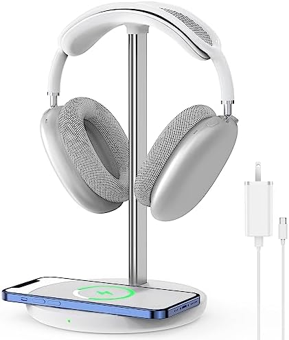 Upgrade Your Desk with the All-in-One Wireless Headphone Stand & Fast Charging Dock – Sleek Organizer for i Phone 15/14/13/12/11 & Air Pods Pro/3/2, Premium White Finish Ideal for Gamers and Music Aficionados, Optimize Your Workspace Efficiency and Connectivity