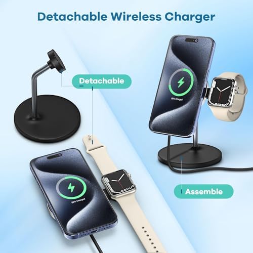 2-in-1 Magnetic Wireless Charger Station for i Phone & Apple Watch – 15 W Fast Charging Pad with Detachable Stand, Includes 25 W PD Adapter – Optimal Compatibility for i Phone 16/15/14/13/12 Series & Apple Watch Models – Travel-Friendly Design with Enhanced Magnetic Alignment for Secure Charging & Vertical/Horizontal Viewing