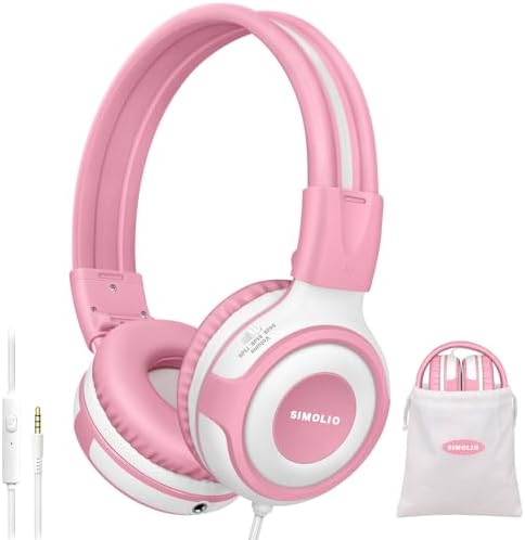 Chic Pink SIMOLIO Kids Headphones with Microphone – Volume-Limited Wired Design for Safe Listening – Adjustable Sound Levels (75/85/94 d B) for Hearing Protection – Perfect for School, Travel, and Home Use – Durable and Comfortable Fit for Active Young Listeners – Compatible with Smartphones & Tablets for Versatile Use