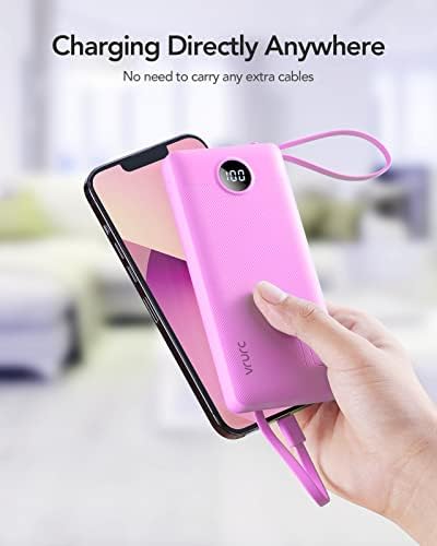 VRURC 10000 m Ah Portable Power Bank with Integrated Cables and LED Battery Indicator – Slim, Lightweight Travel Charger with Dual Input and Five Outputs for Effortless Device Charging – Ideal for Smartphones and Tech Gadgets – Stylish Blue Design (1 Pack) – Ultimate Convenience and Compatibility